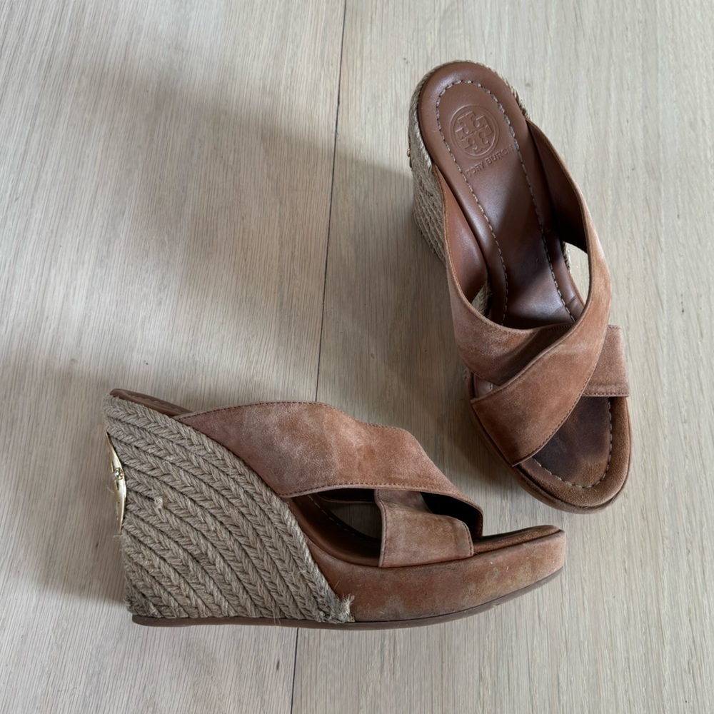 Tory Burch Wedges Shoes High Heels Brown And Gold Size 7.5
